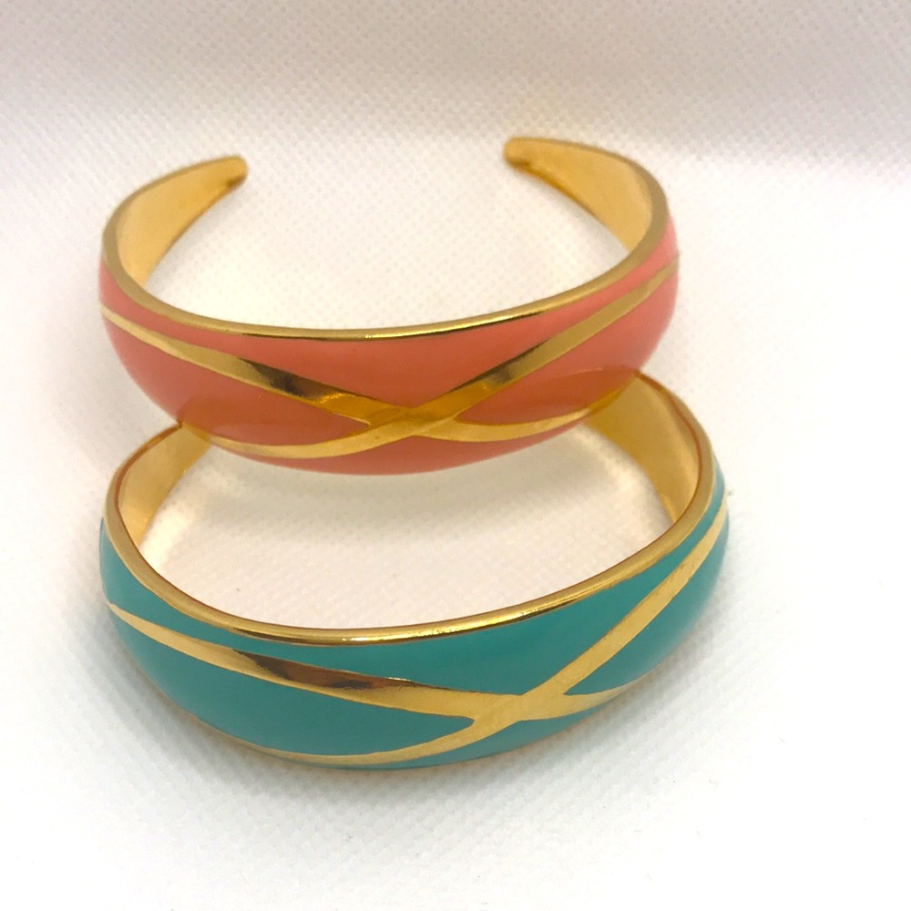 Vintage Enameled Turquoise / Coral Color Gold tone Cuff Bracelet -set of 2